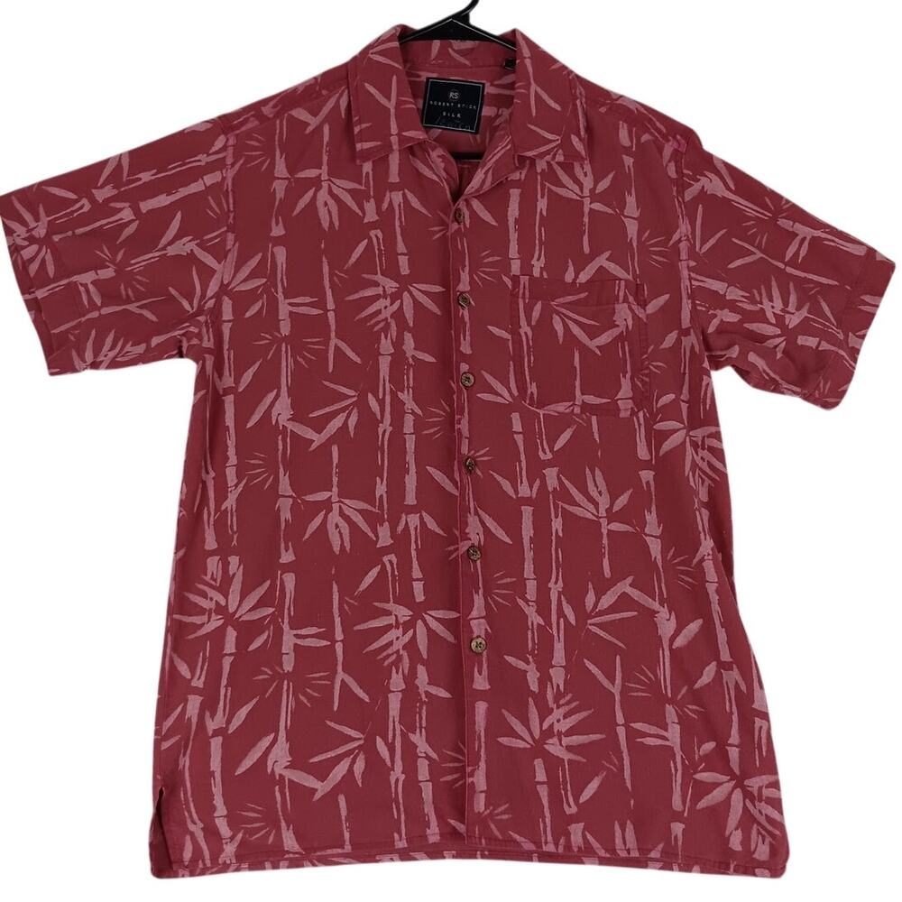 Vtg Robert‎ Stock Silk Shirt Men's Medium Red Hawaiian Floral Casual Summer